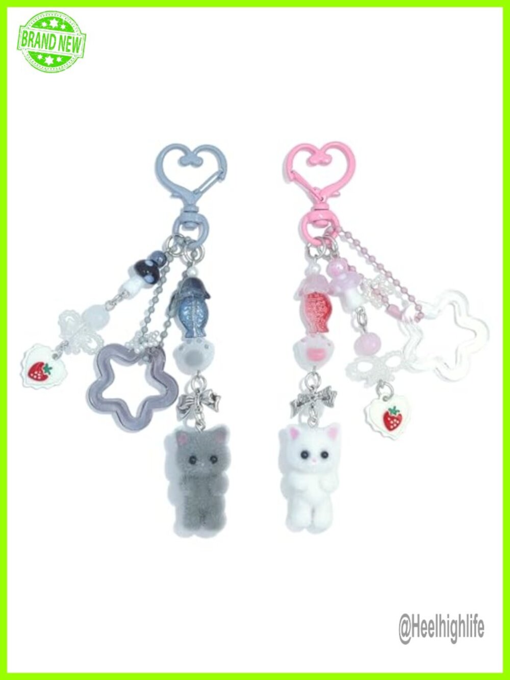 Fuzzy Cat Keychain with Beads, Cute Alloy Y2K Style, Key Ring and Purse Charm